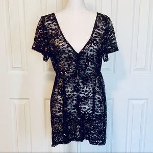 Torrid Sheer Black Lace Blouse with Rosettes